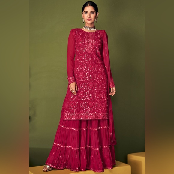 Ruby Red Straight Cut Party Wear Sharara Suit In Georgette - Picture 1 of 3